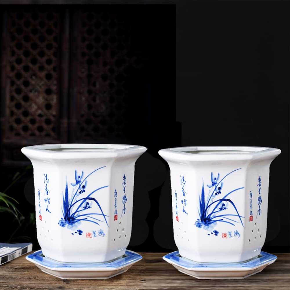 SWENEEN Chinoiserie Jingdezhen Home Garden Planter Ceramic Flower Pot Blue & White Indoor Outdoor Pot Ancient Oriental Classic 10.2 X 10.6 Inch,
