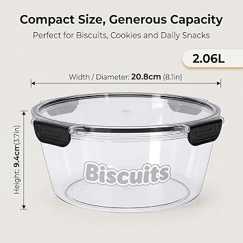 Biscuit Barrel 2L Airtight Biscuit Container, Biscuit Tins Large Clear Cookie Jar, Locking Lid Cracker Storage Container Airtight, Cookie Storage Container for Fridge & Freezer