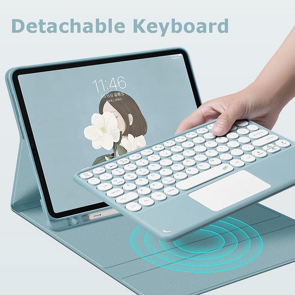 Étui clavier pour Galaxy Tab S8 / Tab S7 11" (modèle SM-X700/X706/T870/T875/T876), mignon clavier rond couleur tactile clavier et souris avec porte-stylet S, bleu
