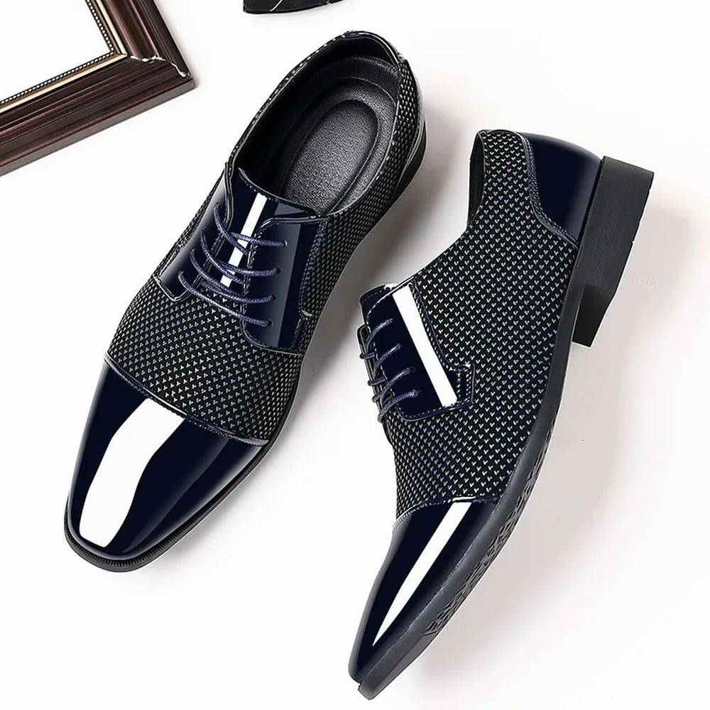 Zapatos Oxford de charol con cordones para hombre, calzado formal negro de vestir