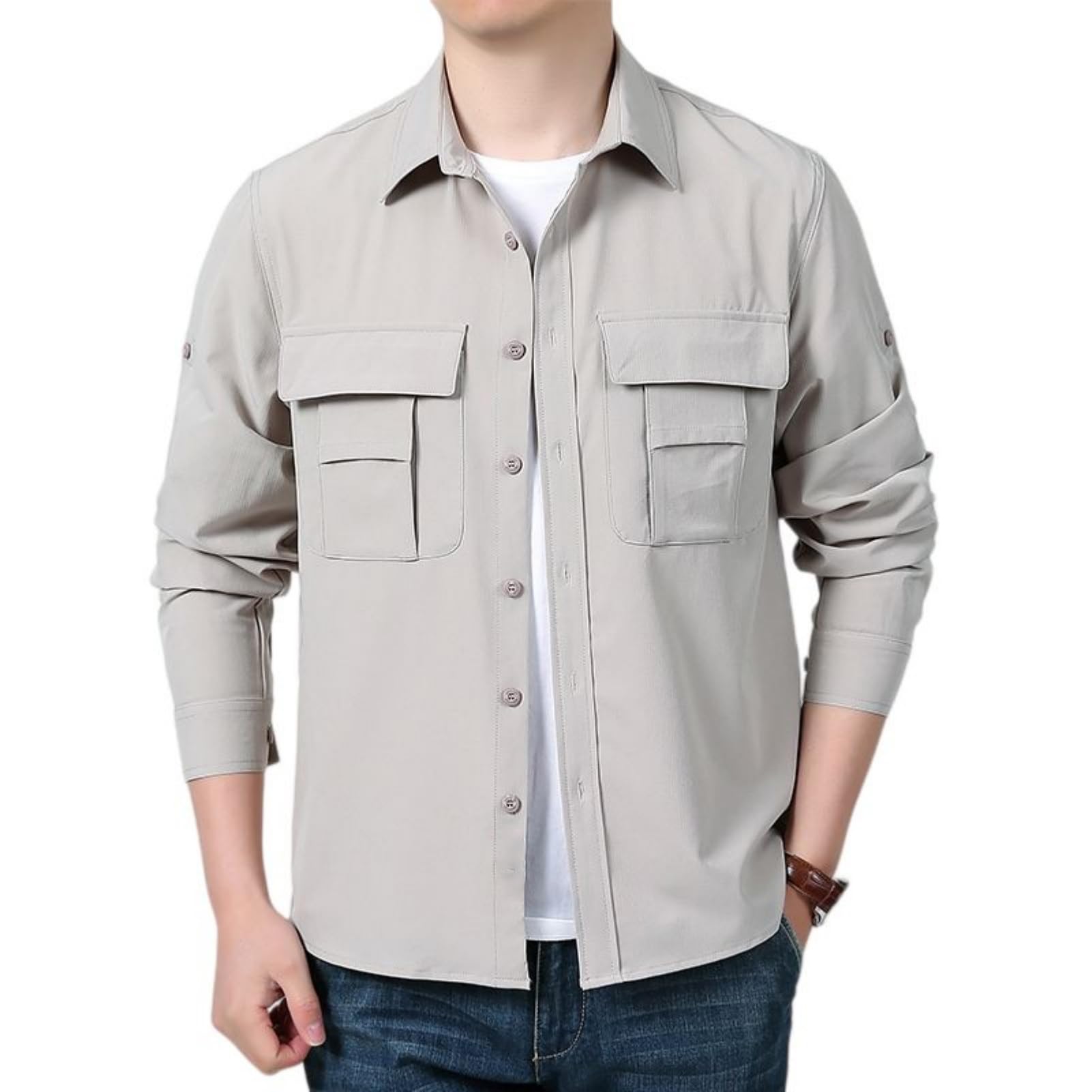 Camicia cargo da uomo in stile militare a maniche lunghe, leggera, multi tasca, per l'uso quotidiano