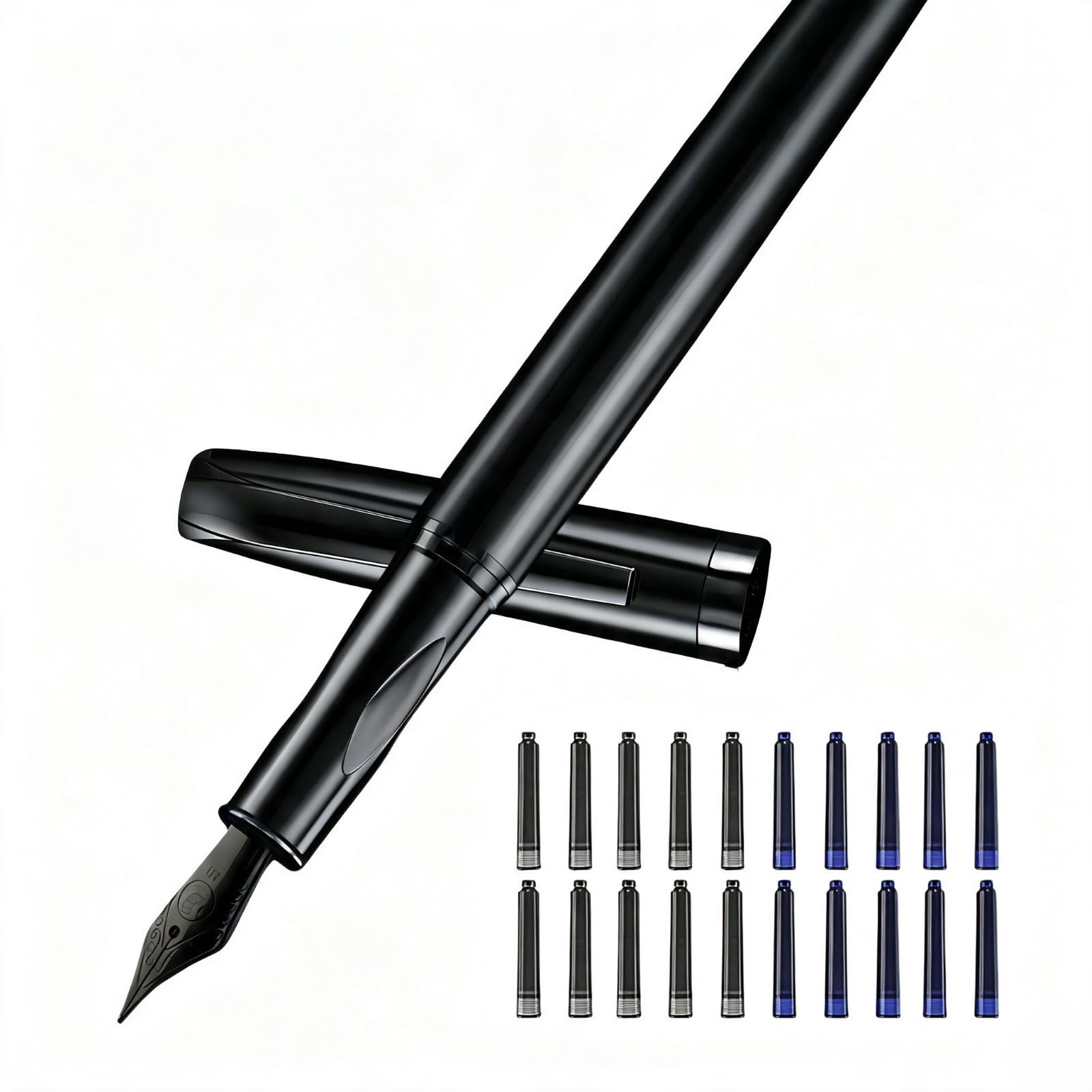 Matte Black Metal Extra‑Fine 0.38mm Refillable Fountain Pen Set