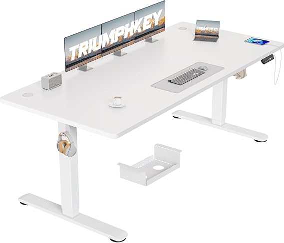 TRIUMPHKEY Escritorio Regulable en Altura 180x80cm con 3 mandos de Memoria Gran Escritorio Escritorio de pie anticolisión Regulable en Altura Escritorio para Ordenador Toma USB Blanco