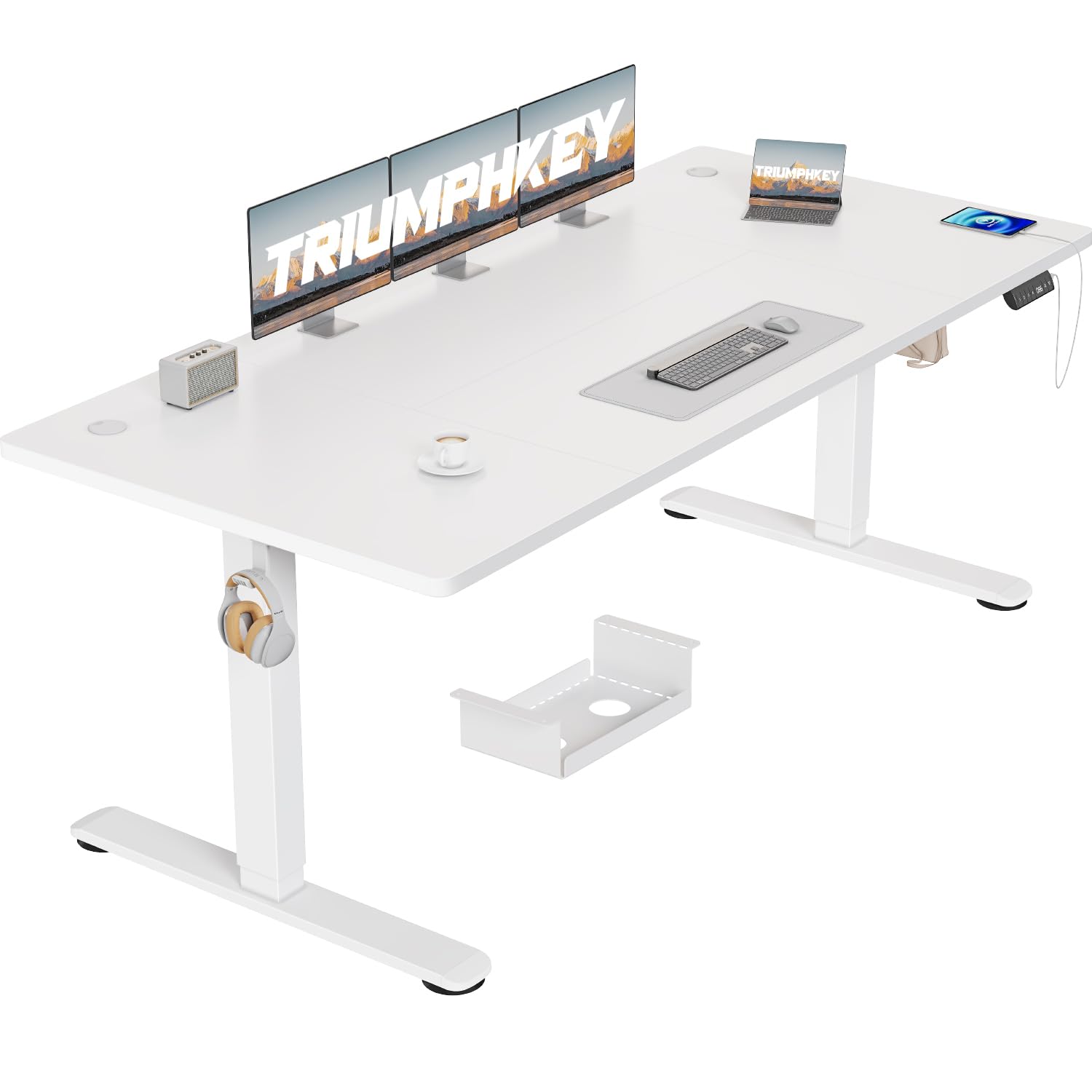 Triumphkey Desk, Height Adjustable, 3-Way Memory, Large Anti-Collision System, Computer Table, USB Socket, Bar Table, Wheels, 180 x 80 cm, White