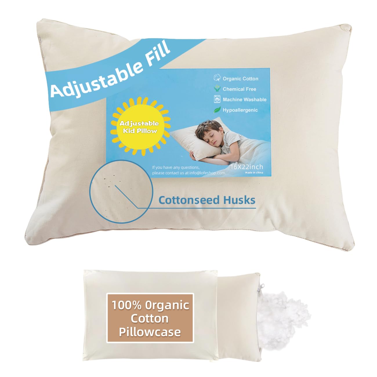 Photo 1 of 16x22 Kid Pillow with 100% Organic Cotton Pillowcase and Shell - Adjustable Youth Pillow Meets the Growth Need of Kids at Different Ages, Soft Non Toxic Pearl Filling, Machine Washable, Travel&School