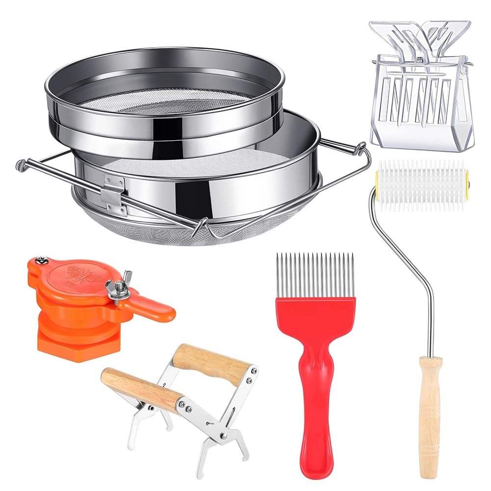 Littimoon Honey Harvesting Beekeeping Tool Set Double Sieve Honey Strainer, Frame Grip, Coverless Fork, Coverless Needle Roller