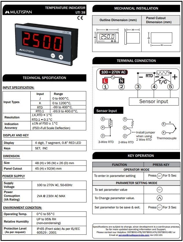 Multispan UTI-38 Universal Temperature Controllers indicator 48 X 96 X 67 (J / K / PT-100) 1