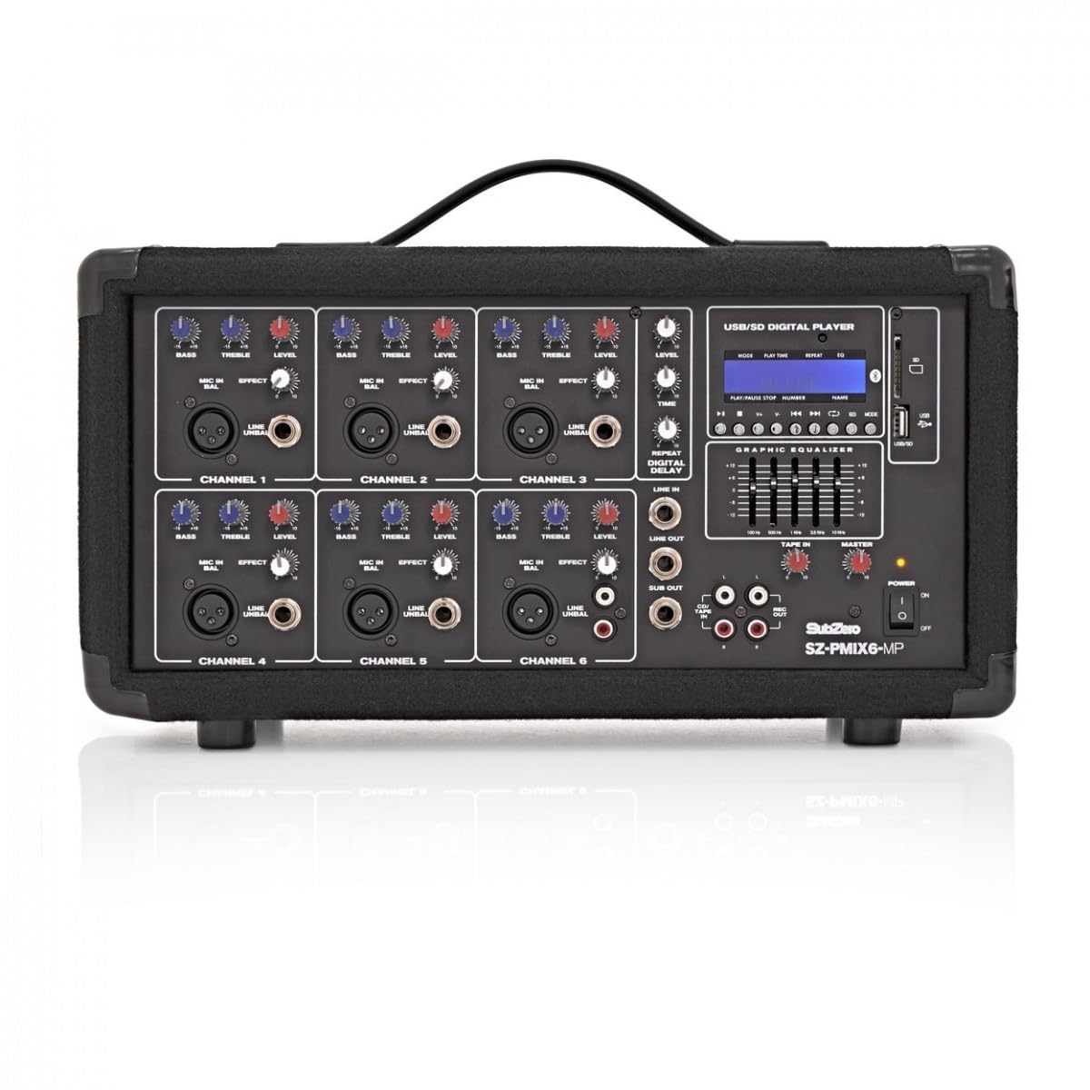 SubZero Aktivmischpult mit digitalem Mediaplayer | Sechs Kanäle mit XLR- und Klinkeneingängen, integrierter MP3-Player mit Bluetooth, 200W RMS/250W Spitze