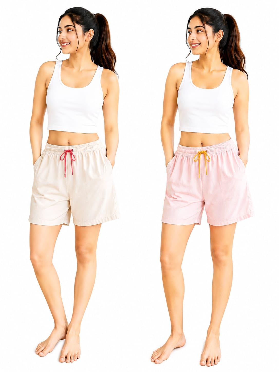 Women's Cotton Shorts with Elastic Waistband and Side Pockets-picture-20