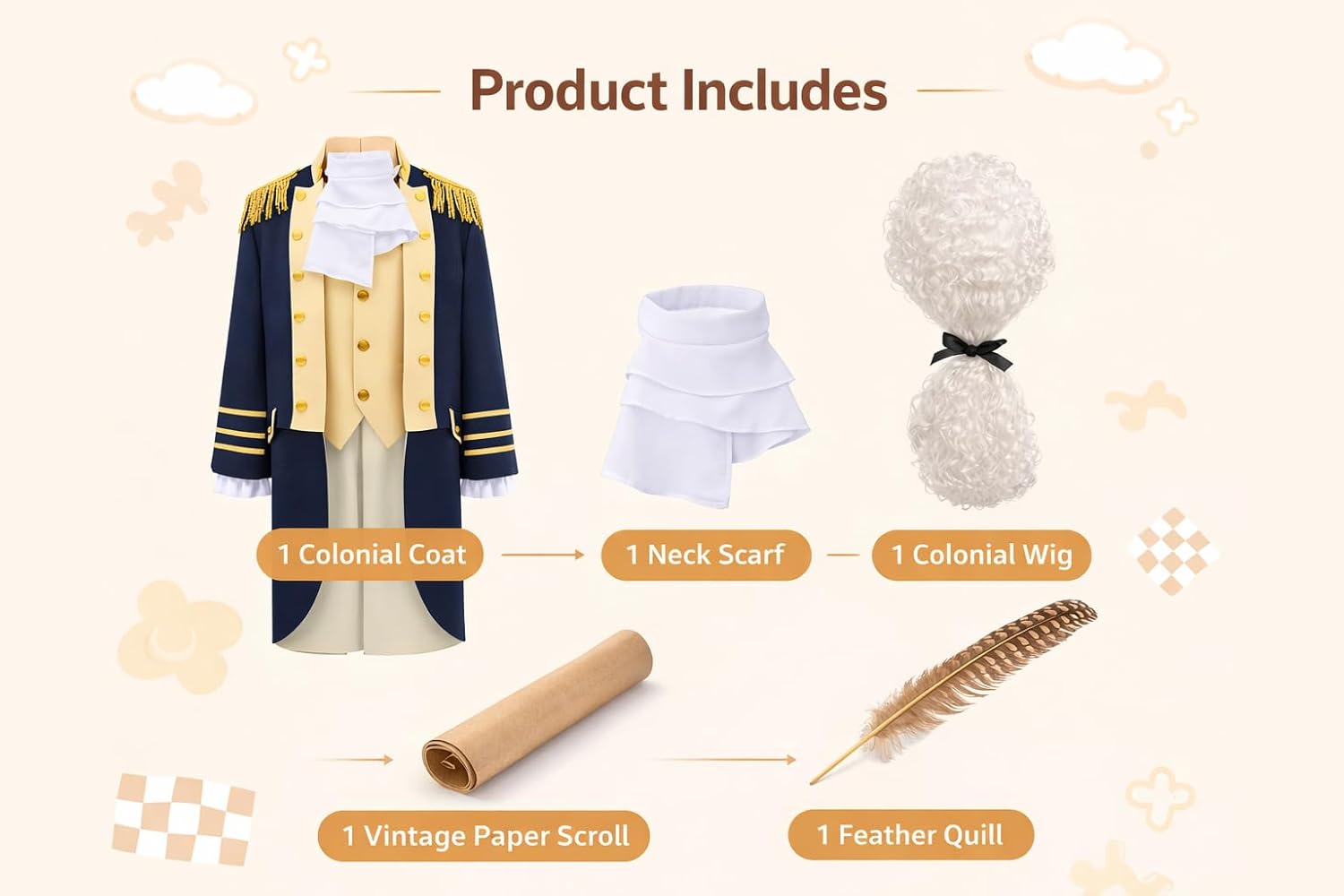 Founding Father Costume for Men Colonial Costume Outfit Revolutionary War General Uniform for Halloween DressUp