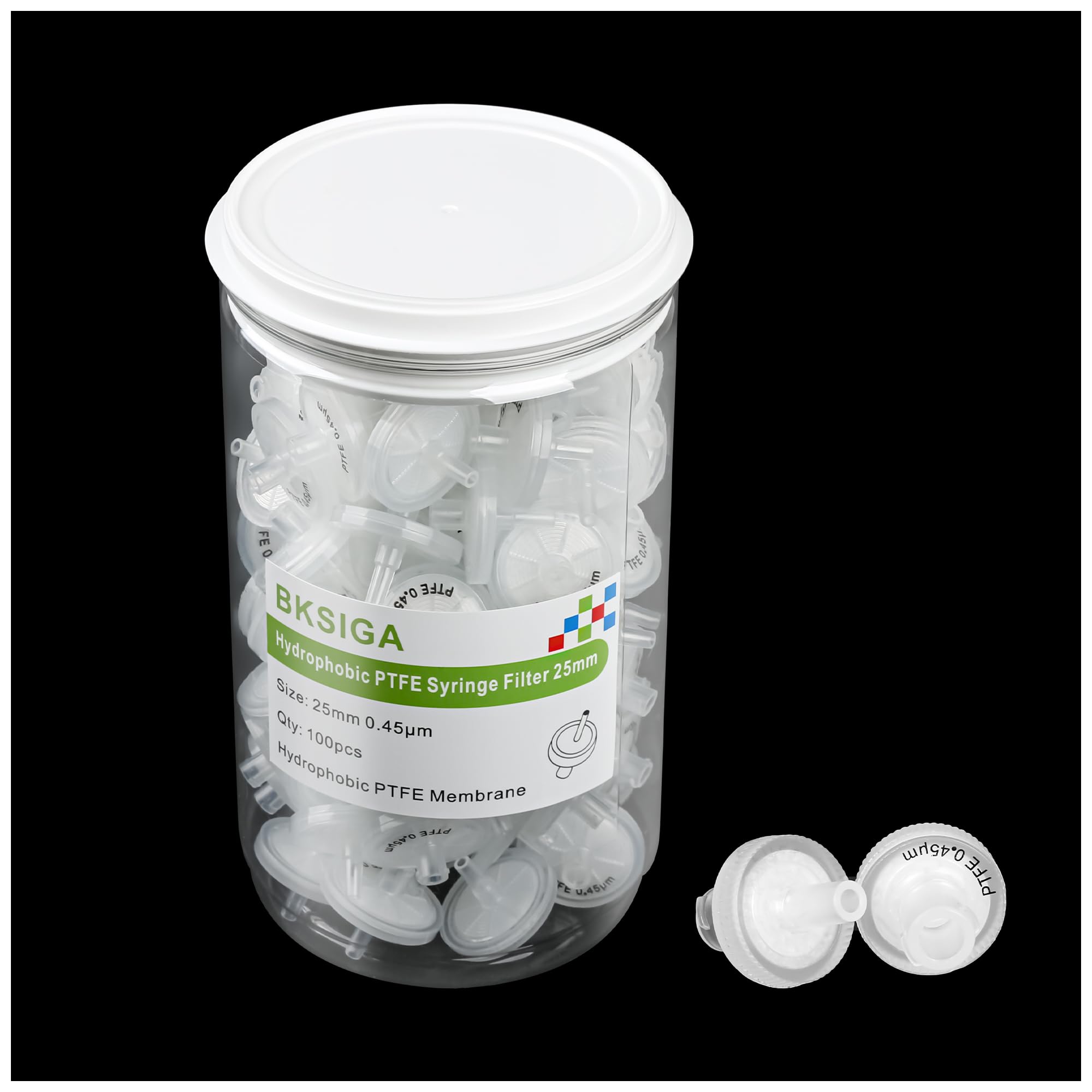 Filtros de jeringa PTFE 100 unidades de filtración hidrofóbica de 25 mm de diámetro, 0,45 μm de tamaño de poro