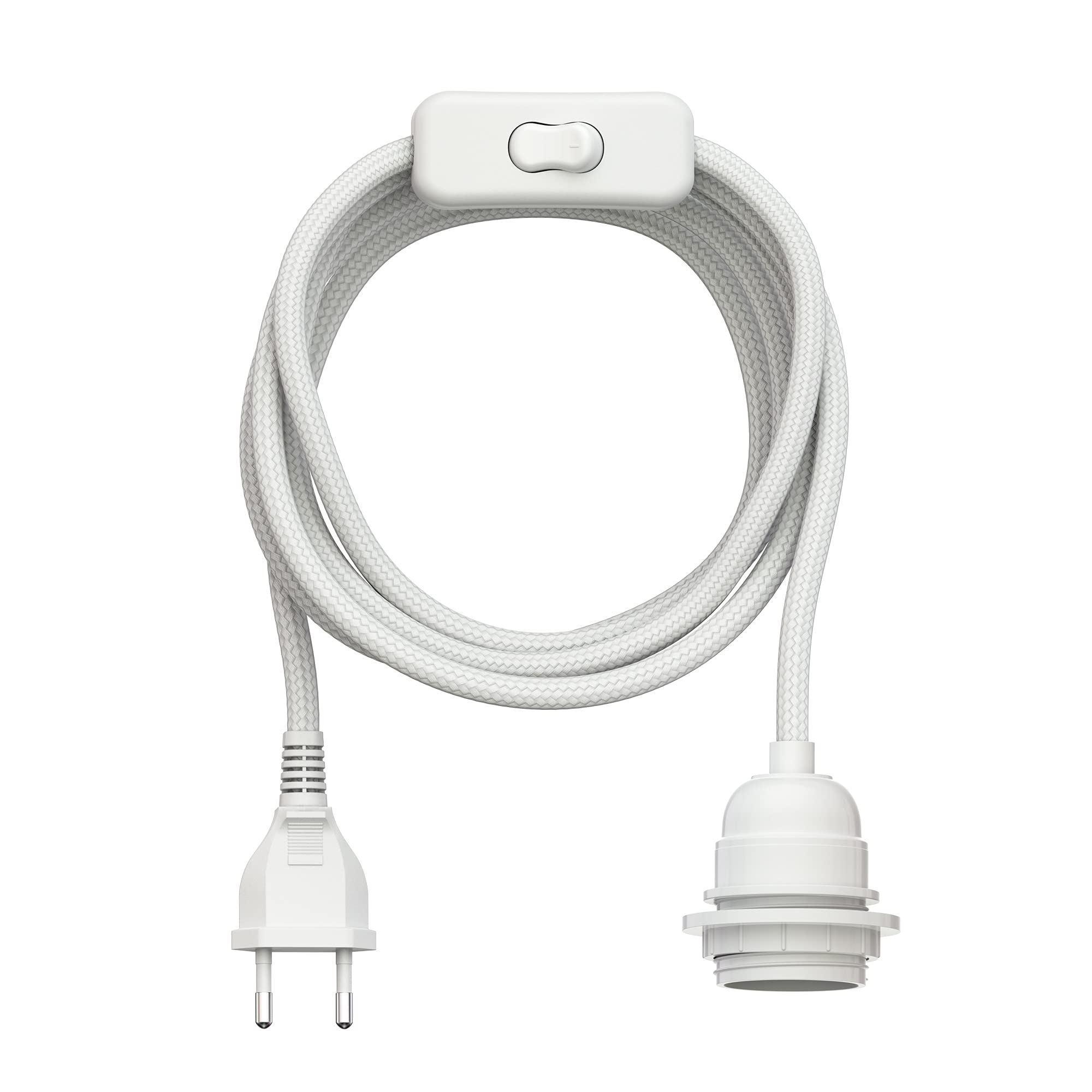 ledscom.de Textilkabel LEKA, Stecker, Schalter, weiß, 3 m, Lampen-Fassung, 1x E27 max. 60W