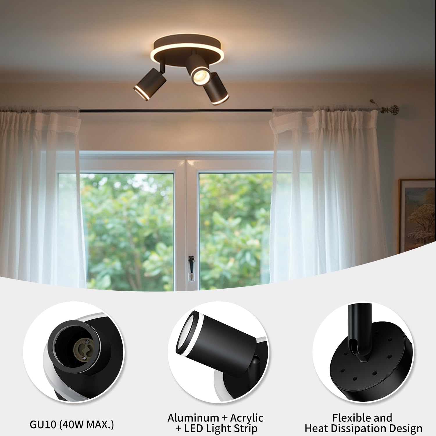 LVWIT Lámpara de Techo LED Giratorios con 3 Focos LED GU10 -Orbicular de Metal Negro, Focos de Techo para Lámpara de Techo para Dormitorios, Salones y Cocinas(Sin Bombillas).