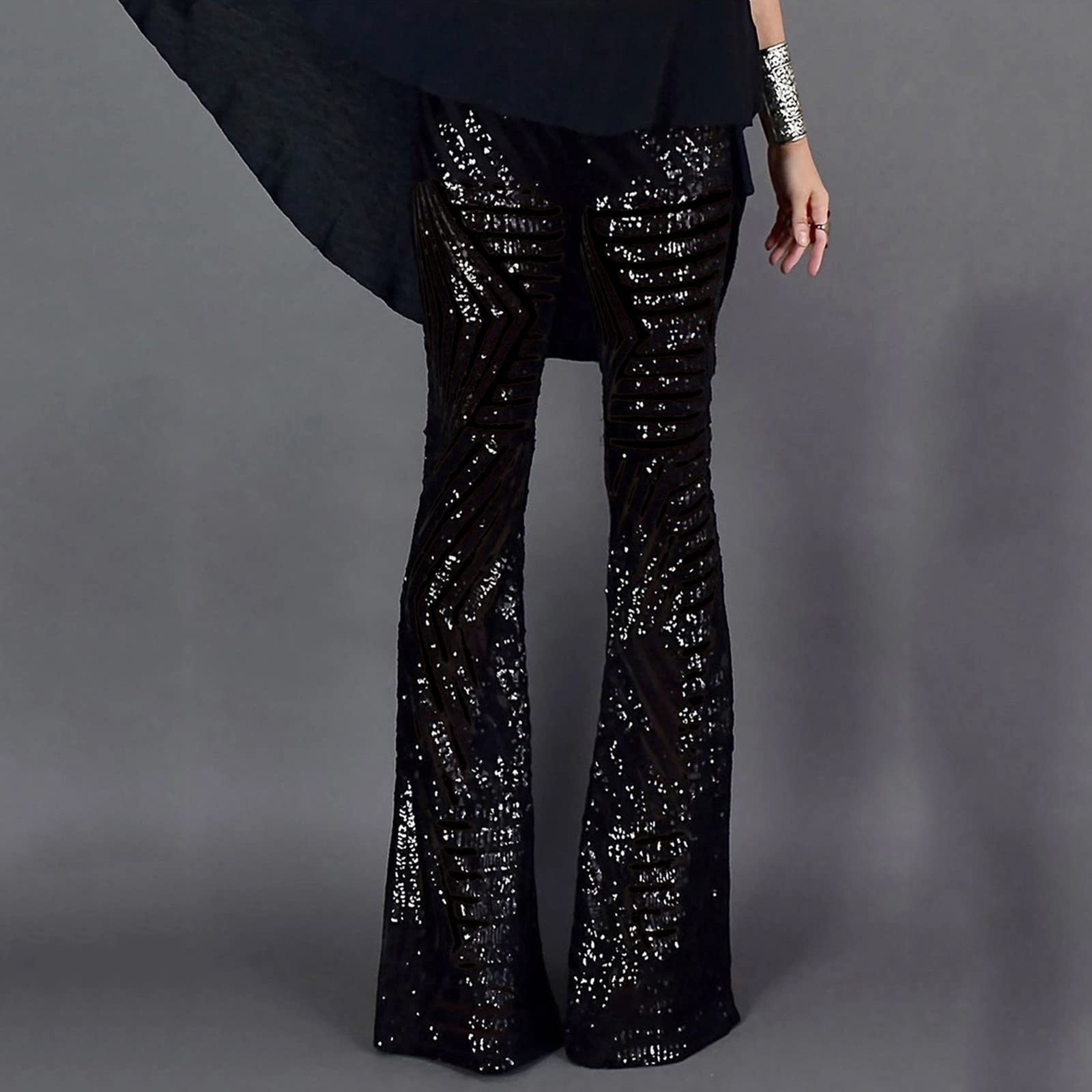 Generico Pantaloni Eleganti Donna Elegante con Paillettes Zampa Casual Pantaloncini Extra Lunghi Pantalone Culotte Streetwear Completo Larghi Elasticizzati Gamba