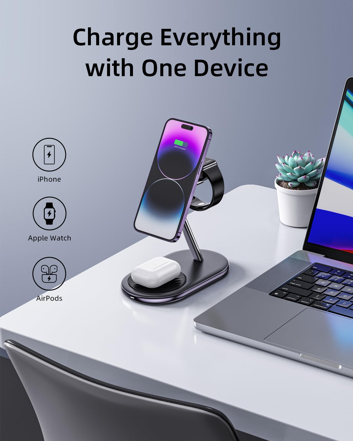 Innostyle Cargador inductivo para MagSafe, estación de Carga 3 en 1, Carga rápida de 15W, Compatible con iPhone Serie 12/13/14/15, Airpods 2/3/Pro, Apple Watch