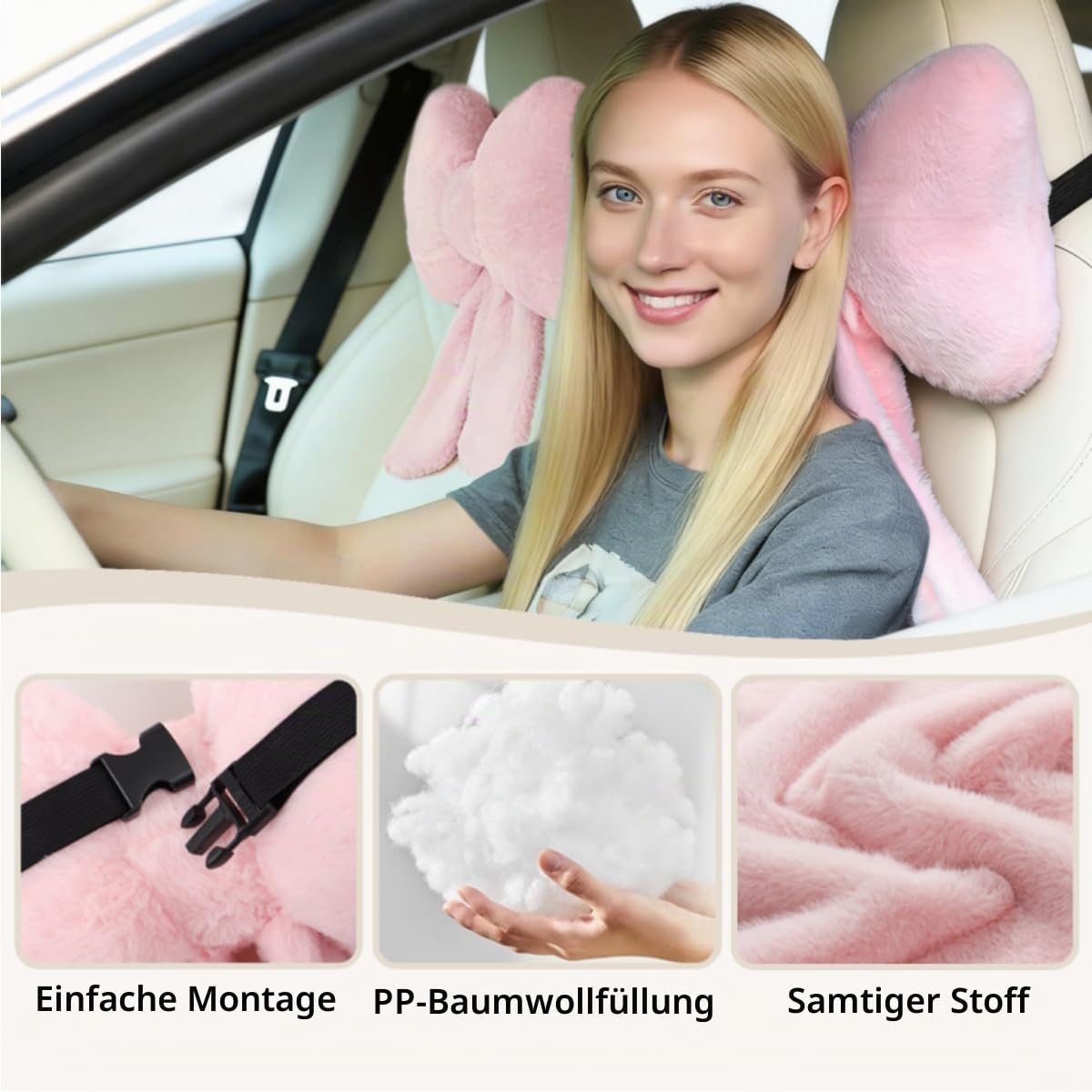2 Stück Plüschschleife Auto Kopfstütze Nackenkissen Niedliche Schleife Kissen für Autositz Dekor Weiche Nackenstütze für bequemes Fahren Reisen Büro Flauschige Kopfstütze Kissen Rosa