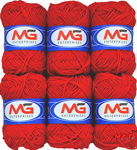 Image of M.G Enterprises Red Wool Ball Hand Knitting Art Craft Soft Fingering Crochet Hook Yarn, Needle Knitting Thread Dyed - Pack of 8