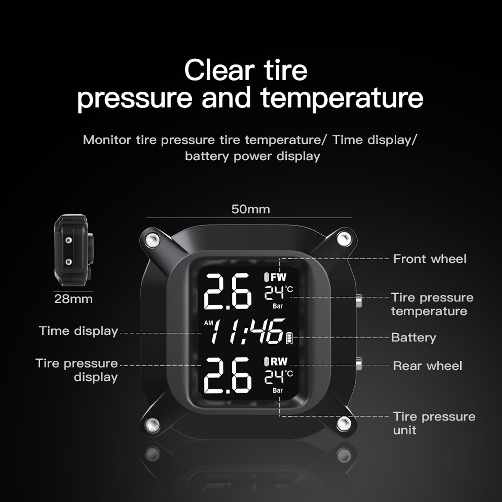 Monitor Pressione Pneumatici, TPMS Moto con Ricarica Magnetica USB con Display LCD a Colori, Sensori da 0 a 6,6 Bar, Avvisi di Pressione e Temperatura in Tempo Reale per Moto