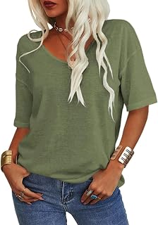 Tranquilm - Camiseta de verano para mujer, color liso, cuello en V, media manga, informal, color liso