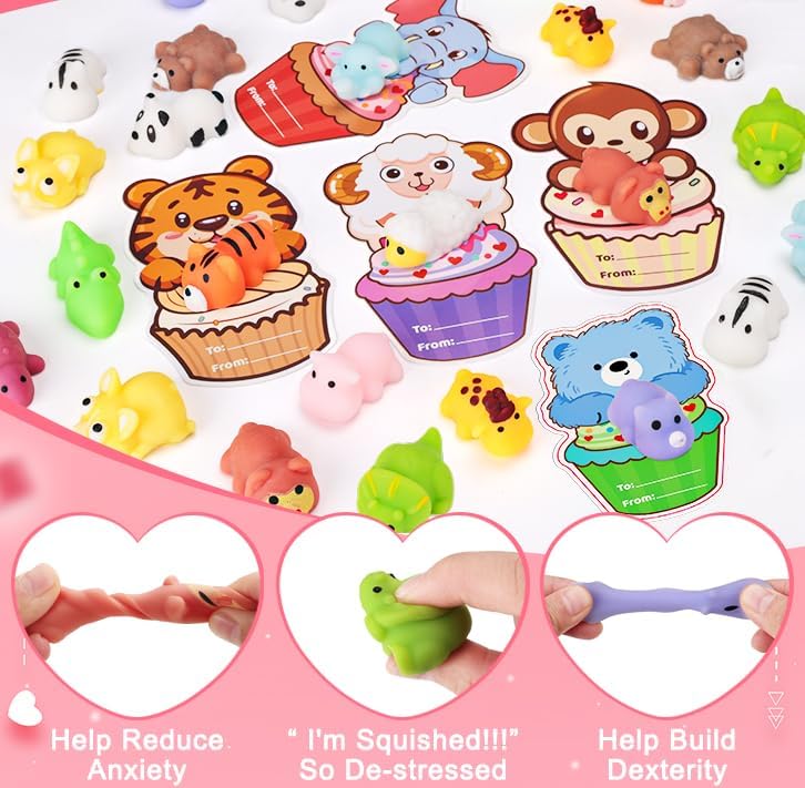 Budbof 28 Pack Valentines Day Gifts for Kids, Mochi Squishies Party Favors Set with Animal Valentines Greeting Cards for Classroom Prizes School Exchange Gifts