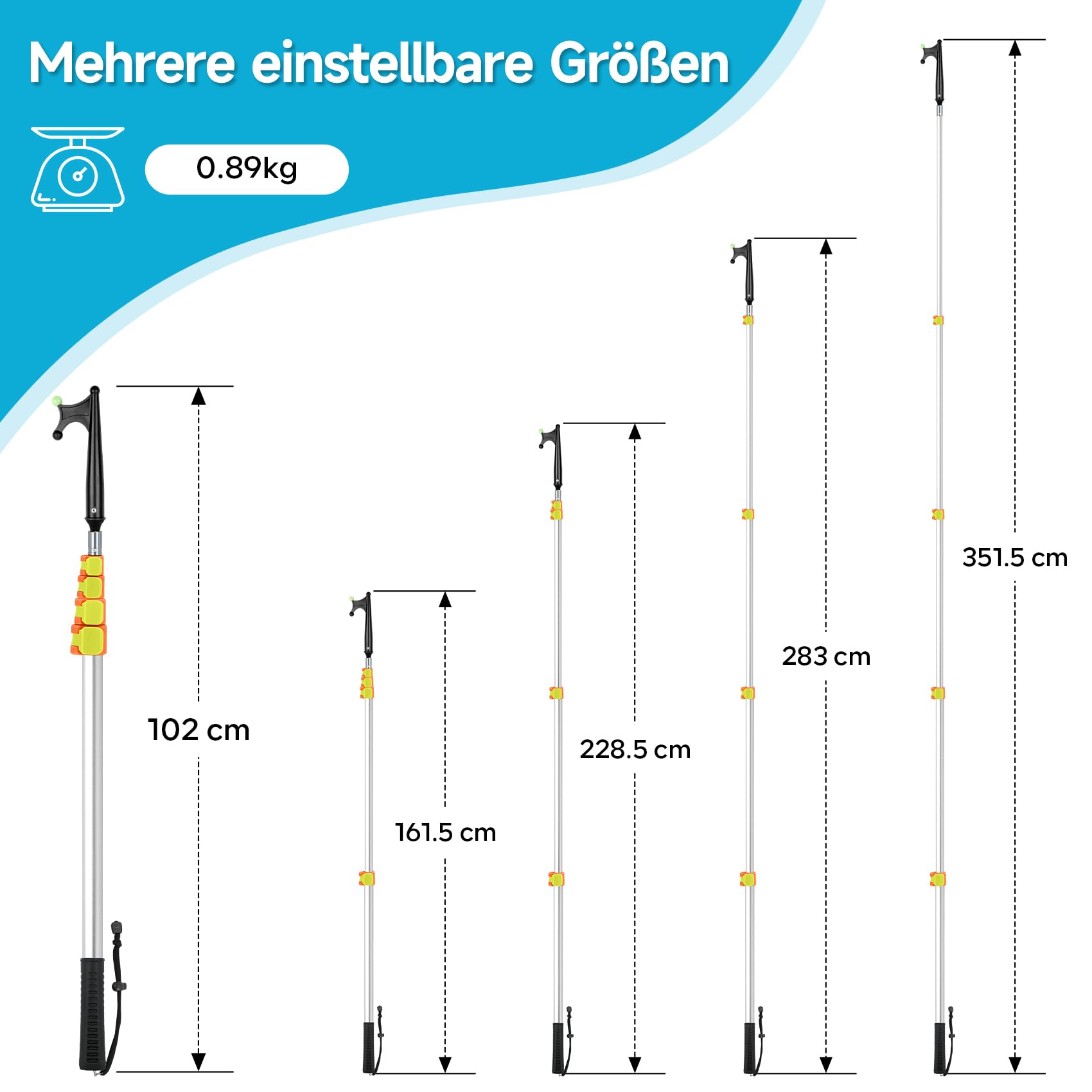 KOMCLUB Gancio telescopico per barca, in alluminio, design luminoso, resistente alla ruggine, durevole, forte, asta di spinta da indossare (argento, 358 cm)
