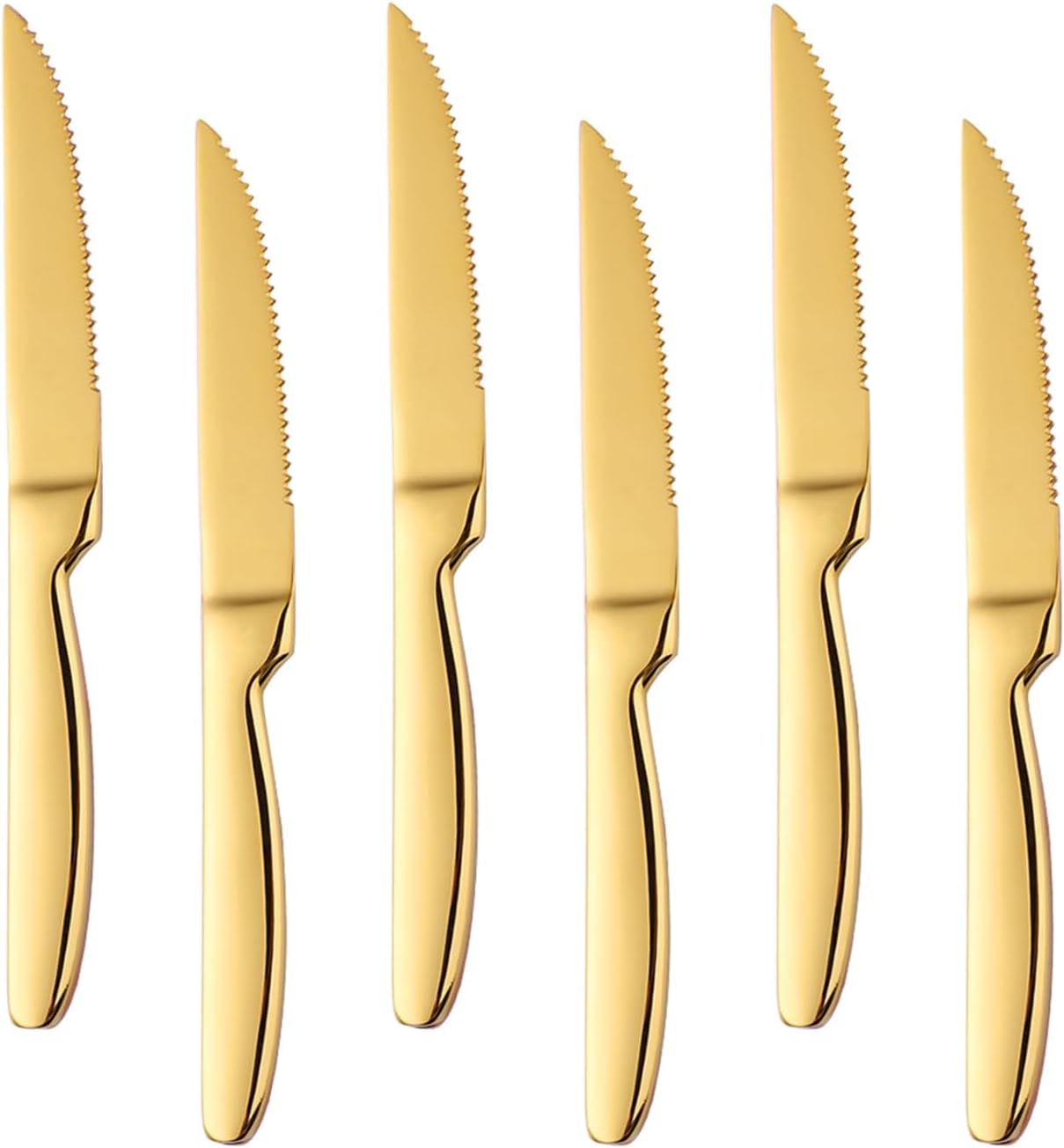 Gold Steak Knives Set of 6, Stainless Steel Serrated Kitchen Knife Set, Heavy Duty Dinner Knives for Cutting Meat, Beef, 8.6 Inch, Dishwasher Safe Gold Steak Knives Set of 6, Stainless Steel Serrated Kitchen Knife Set, Heavy Duty Dinner Knives for Cutting Meat, Beef, 8.6 Inch, Dishwasher Safe