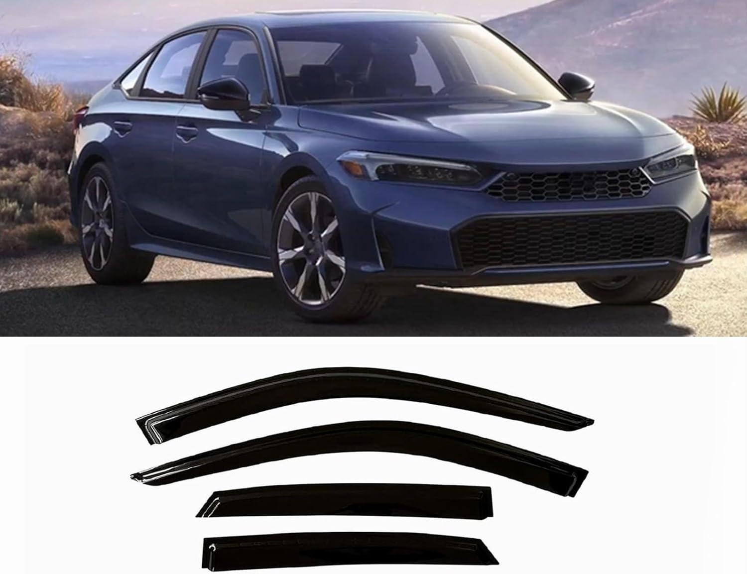 Tape-On Window Visors 4-Piece for 2022 2023 2024 2025 Honda Civic Sedan Sun Rain Guards Shield Shade Smoke