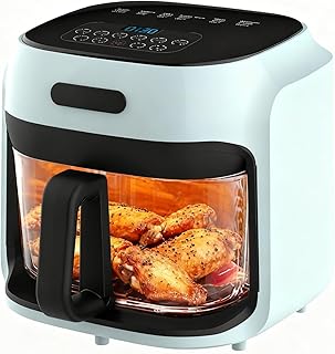 CrystalView Glass Air Fryer, 7.6QT - See-Through Frying, Effortless Roasting with Rapid Air Circulation, Dishwasher Safe (Blue)