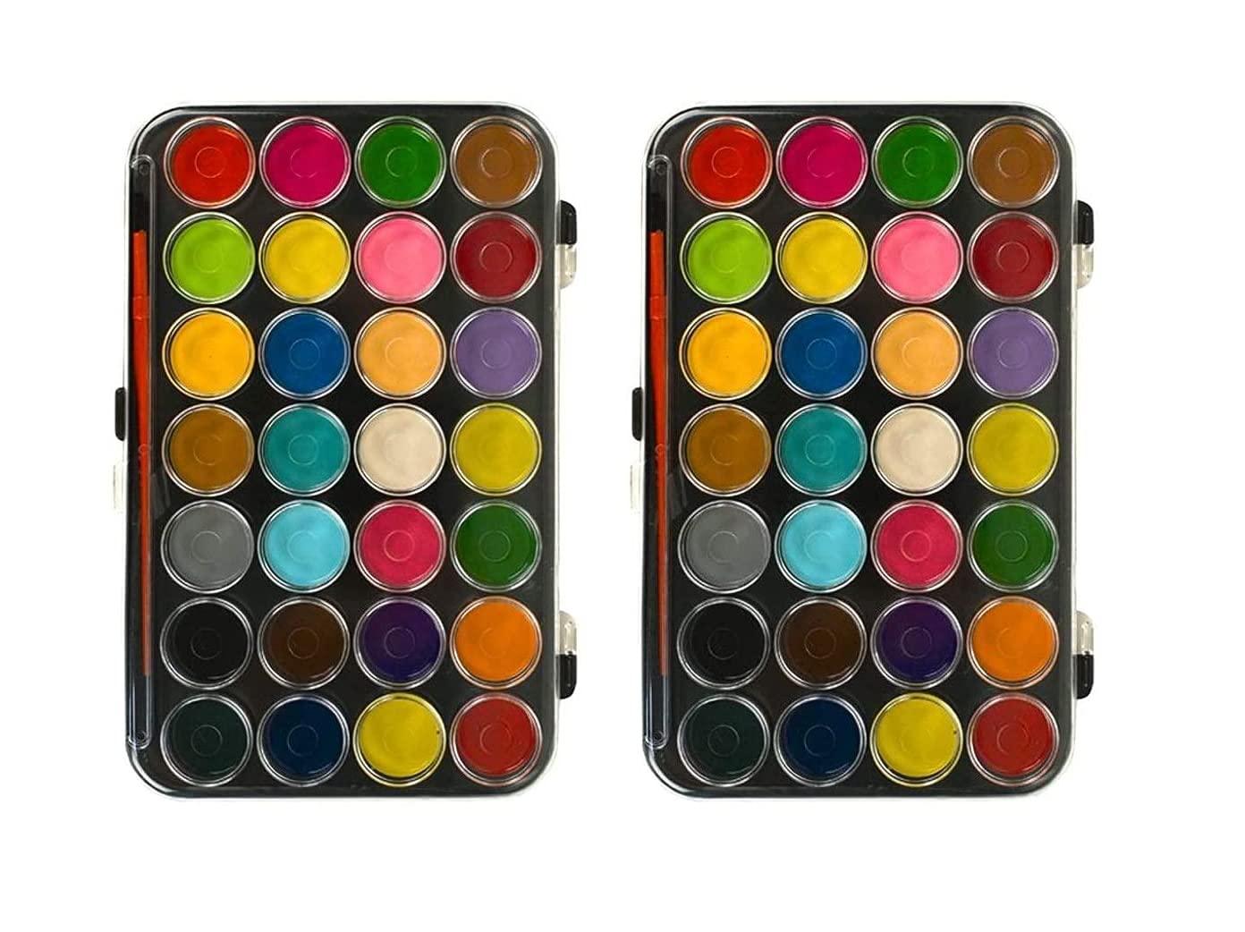 LR Supplies 2 Pack x 28 Colours Watercolour Paint Set Portable Travel Pallet with Brush Art Craft Adult Kids Painting Case Pan