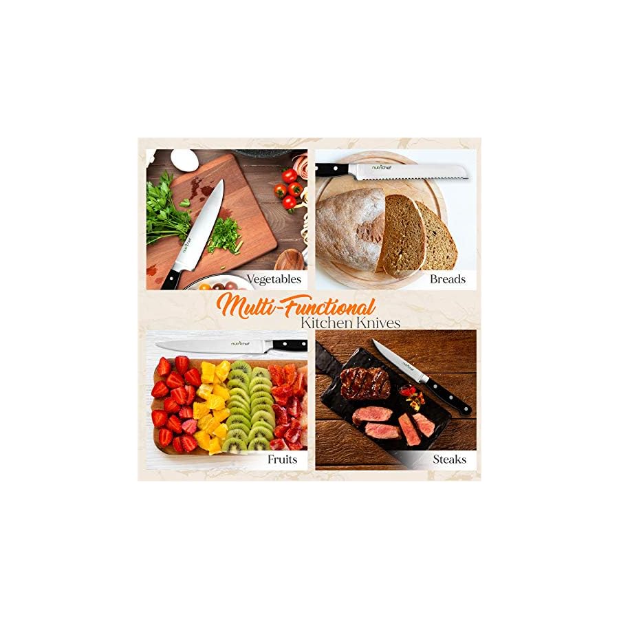 Kitchen-Knife-Set NutriChef 13-Piece Kitchen Knife Set with Wooden Block - Precision Crafted Stainless Steel Knives with Scissors & Built-In Sharpener - Lightweight, Durable, & Razor Sharp - Dishwasher Safe (NCKNS13)