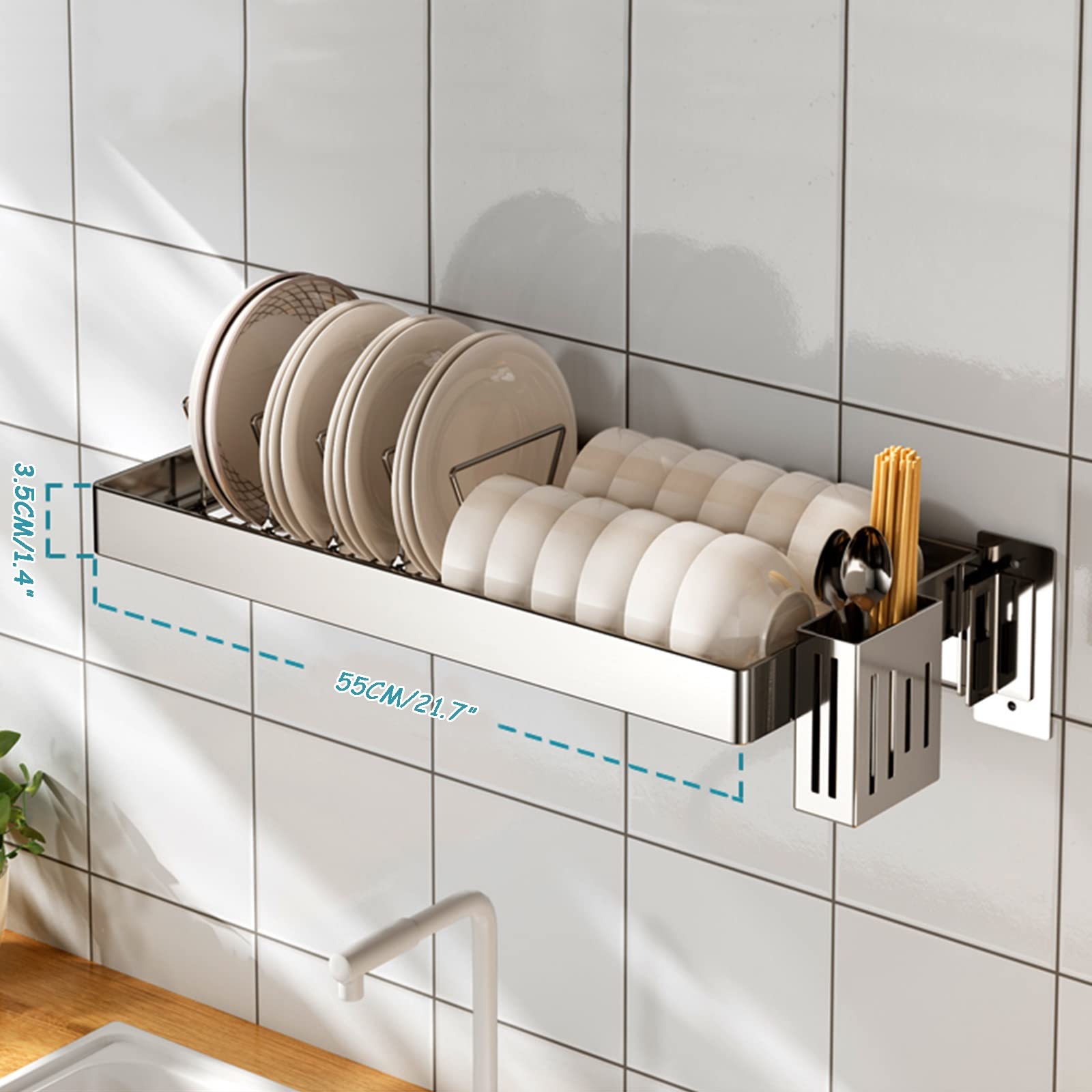 Escurridor de platos de acero inoxidable montado en la pared para fregadero superior, estante de drenaje ajustable, construcción duradera