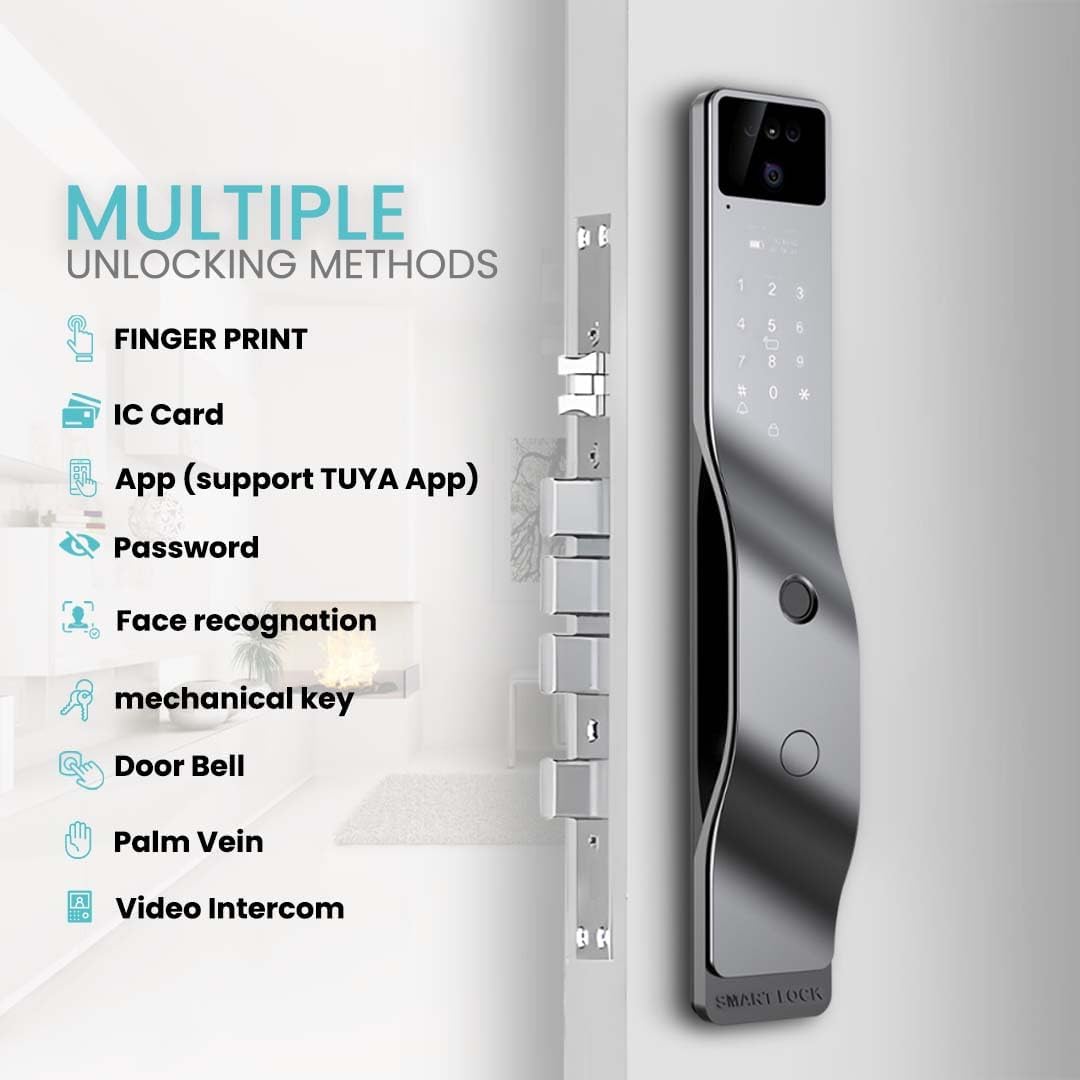 Smart Door Lock with 3D Face Recognition, Palm Vein & Fingerprint – Keyless Entry with Code, IC Card & Key | Auto-Lock | Aluminum Alloy