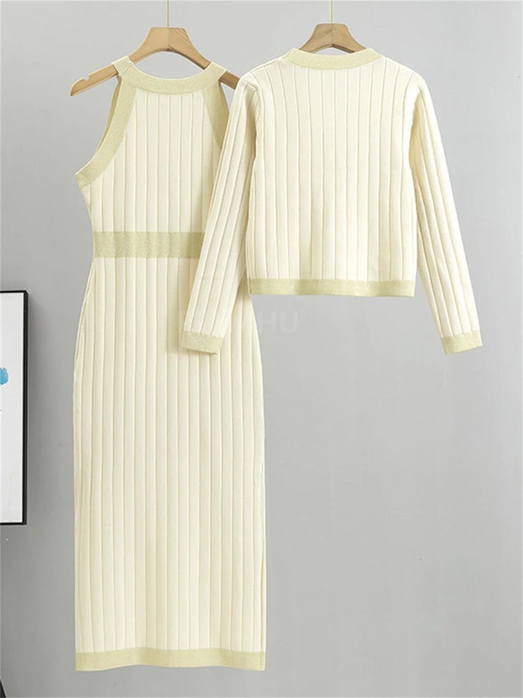 Vestiti aderenti da donna in maglia, set da 2 pezzi, con scollo a V, maglione corto, cardigan conjunto chic sexy canotta slim maxi abiti