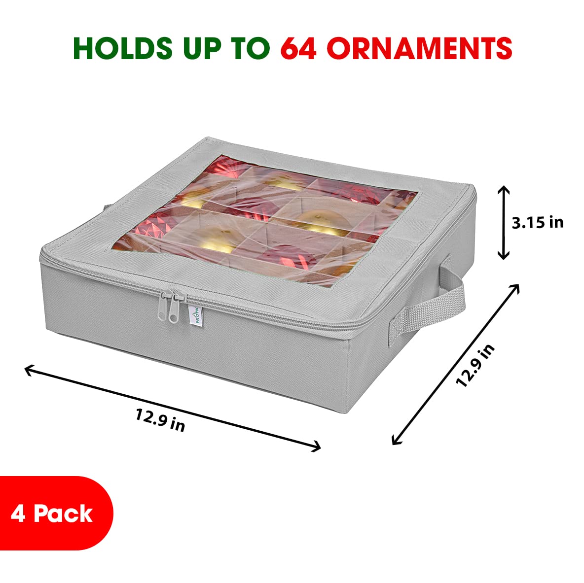 ProPik Aufbewahrungsboxen für Weihnachtsdekoration mit Trennwänden, transparenter Oberseite, hält 64 Weihnachtsdekorationen, langlebige Ornament-Organizer-Aufbewahrungsbox (grau)