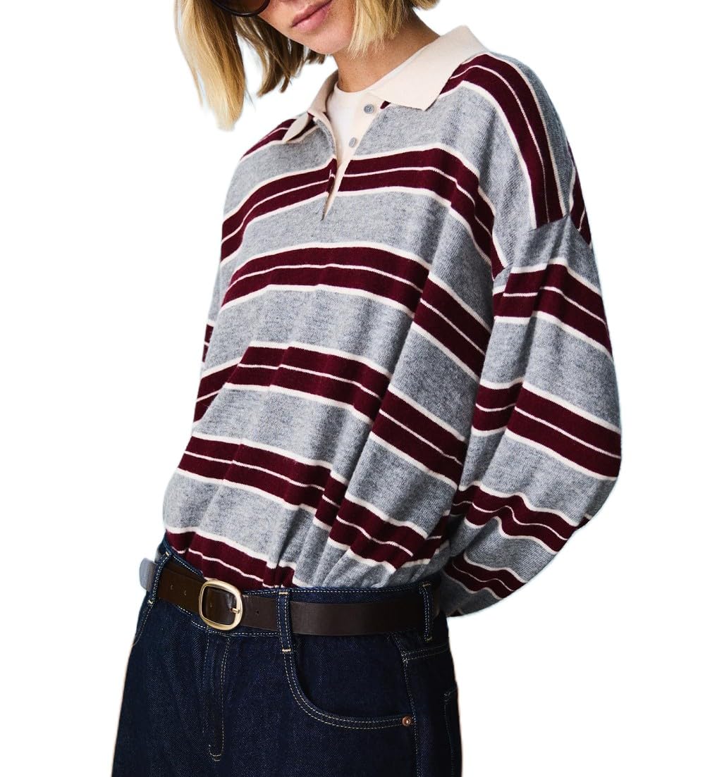 Women Striped Knit Polo Shirt Long Sleeve Lapel Collar Pullover Sweater Y2K Color Block Oversized Rugby Sweatshirt