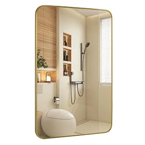 Gold Wall Mirror for Bathroom 24X36 Inch Stainless Steel Metal Frame Bathroom Vanity Mirror Rounded Rectangle Mirror Rustproof
