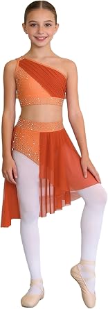DINORMIN Kids Girls Lyrical Dance Dress Shiny Rhinestones Crop Top with Skirt 2-Piece Ballerina Costume