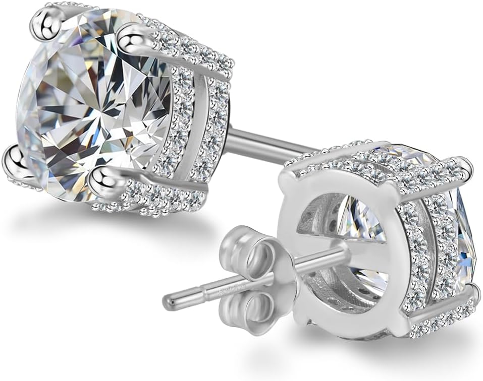 Hypoallergenic Cubic Zirconia Stud Earrings for Women & Men 24K Gold Plated Sterling Silver Post, Big Brilliant CZ Simulated Diamond Halo Studs Sensitive Ear Friendly Fashion Jewelry Gift (SE-3003) - Image 3