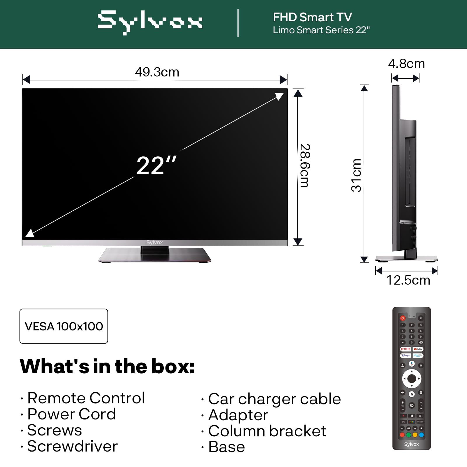 SYLVOX 22" Google 12V TV pour Camping - 1080P, Lecteur DVD Intégré,DVB-T2 | DC 12V Google Television Triple Tuner Intégré DVB-T2/S2 Lunette Extrêmement étroite Téléviseur pour Camping, Salon,Caravane