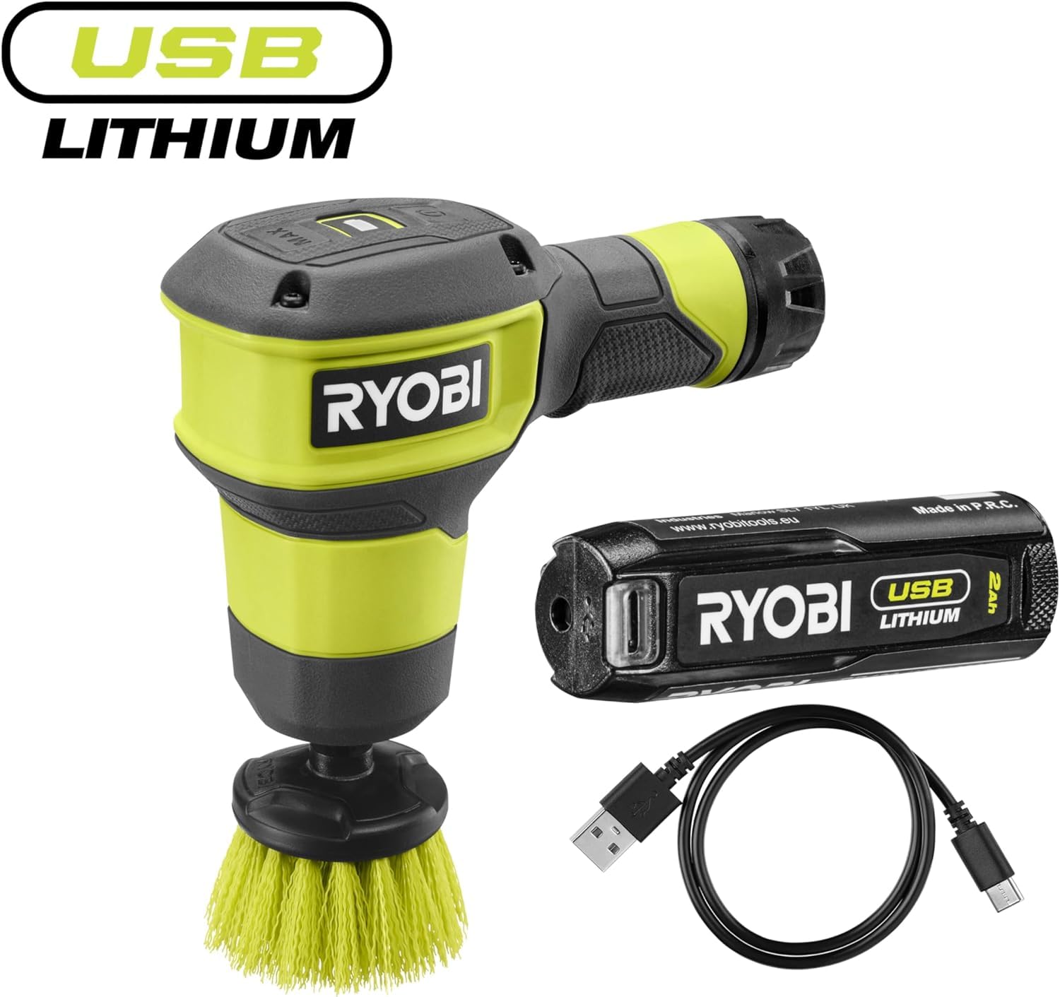 RYOBI 2-biegowa szczotka litowa USB 4V Idealna do łatwego czyszczenia zlewozmywaków, kabin prysznicowych - W zestawie z 1 wielofunkcyjną szczotką 50 mm i 1 baterią litową USB 4V 2,0 Ah - RSCR4-120G
