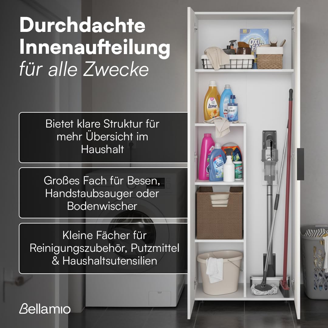 Bellamio Lurio Mehrzweckschrank – weißer Besenschrank aus Holz mit schwarzem Griff – Flurschrank mit 5 Fächern inkl. Staubsaugerfach – Haushaltsschrank – Vorratsschrank – Putzschrank 176 x 33 x 60  cm