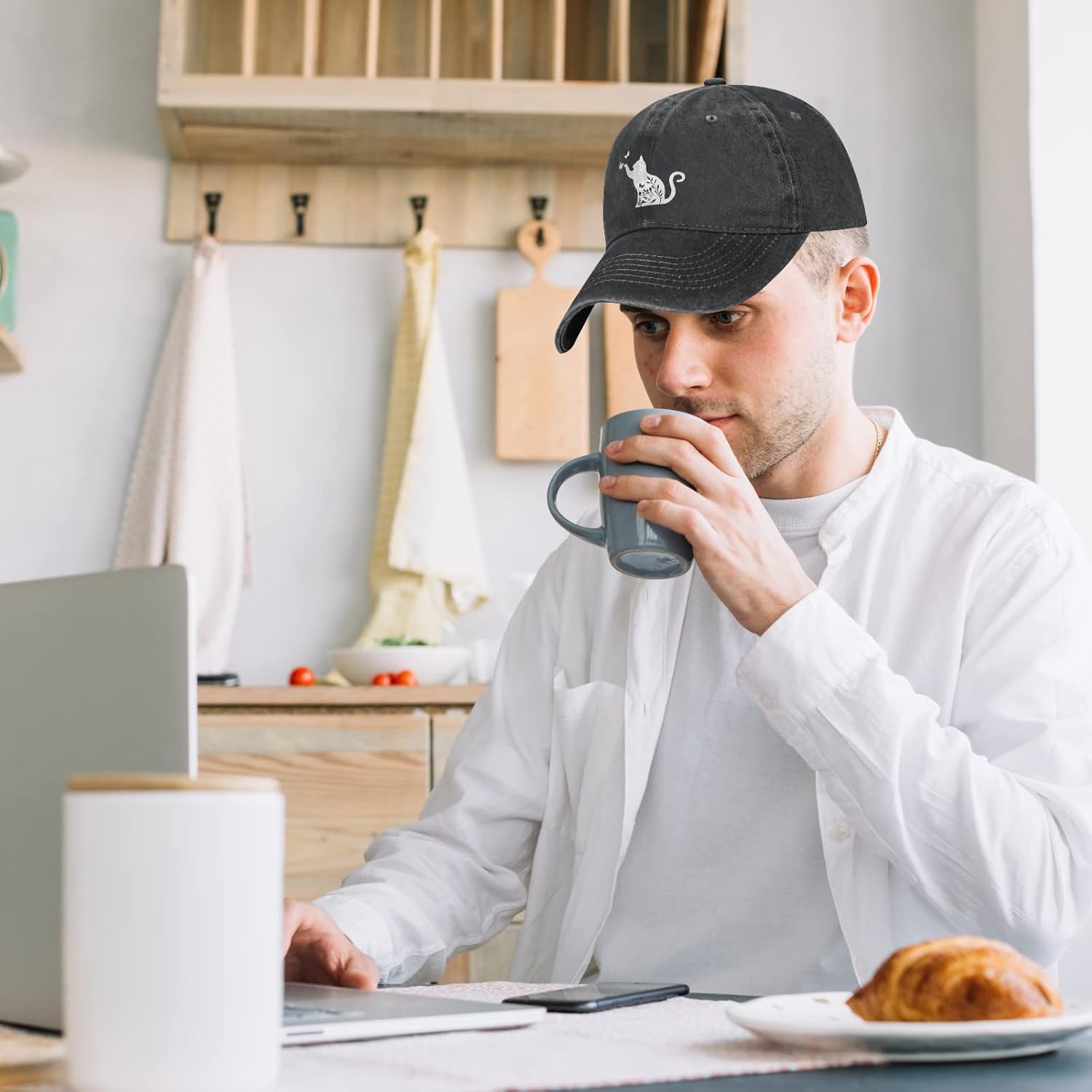 Women's Floral Cat Hat for Cat Lovers, Vintage Distressed Washed Adjustable Baseball Cap for Men and Women - Image 7