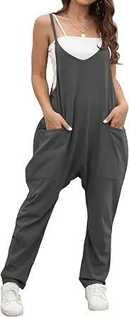 OUFEIYA Womens Casual Sleeveless Adjustable Strap Loose Solid Jumpsuits Baggy Stretchy Long Pant Romper Overalls with Pockets