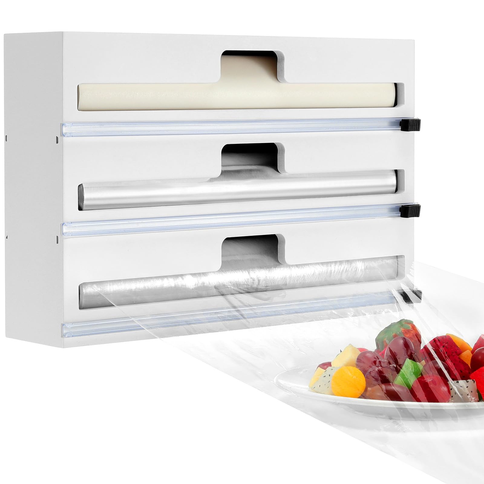 Housolution Folienspender mit Cutter, Abroller & Schneider für 30cm Lange Frischhaltefolie, Alufolie Und Backpapier, 3 in 1 Folienschneider Frischhaltefolienspender für Küche, Weiß