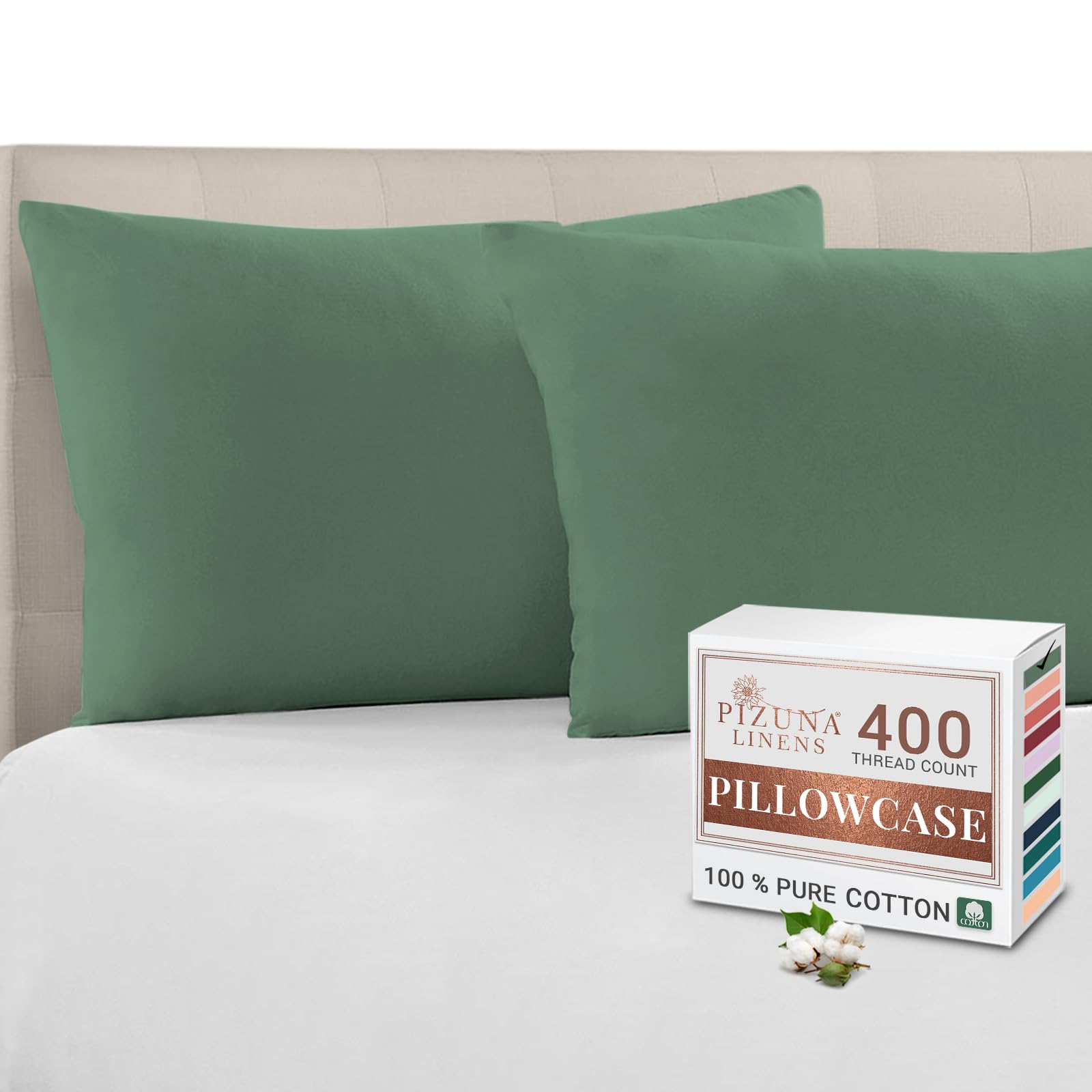 Pizuna Hedge Green 100% Cotton Housewife Pillowcases 2 Pack 48X74cm, 400 Thread Count Long Staple Combed Cotton Pillow Cover, Sateen Weave Standard Housewife Pillowcase (Cotton Pillowcase Pack Of 2)