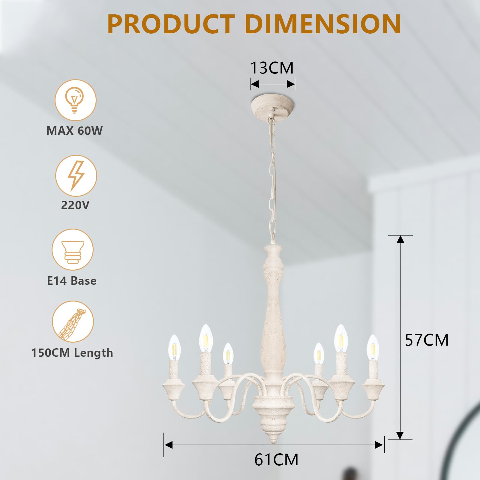 Vintage Bianco Lampadario Camera da Letto, 6 Luci Lampadario a Sospensione Rustico in Fattoria, Lampada a Sospensione in Legno e Ferro Francese Regolabile in Altezza per Soggiorno, Cucina