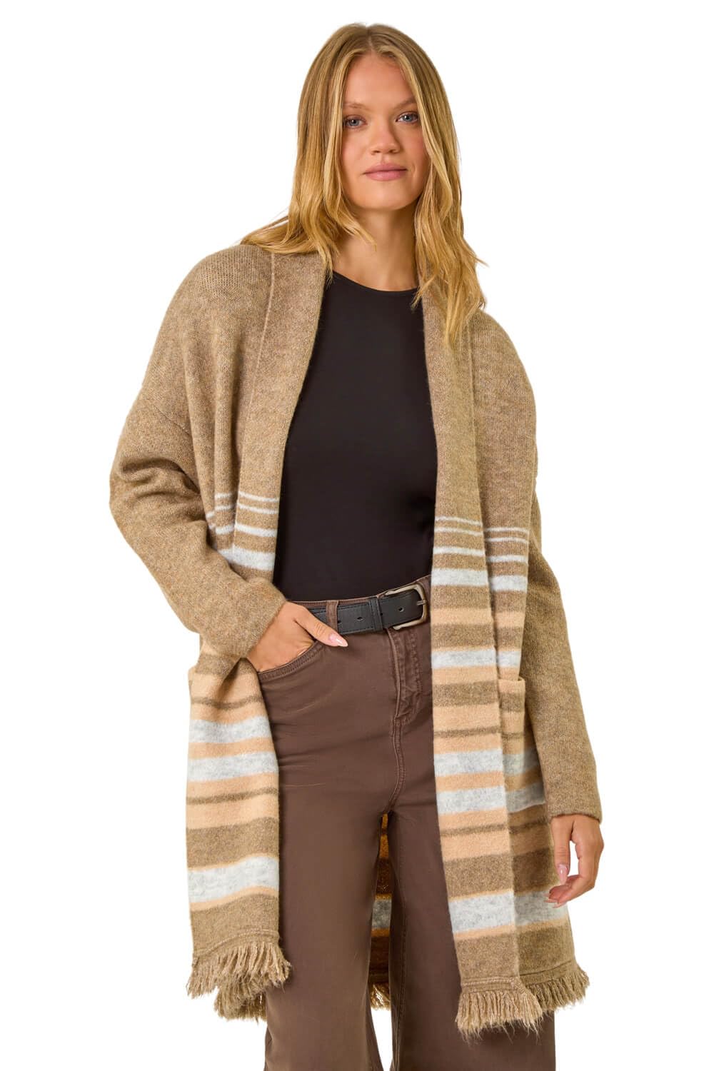 Roman Women's Natural Stripe Print Knit Longline Cardigan Size 20