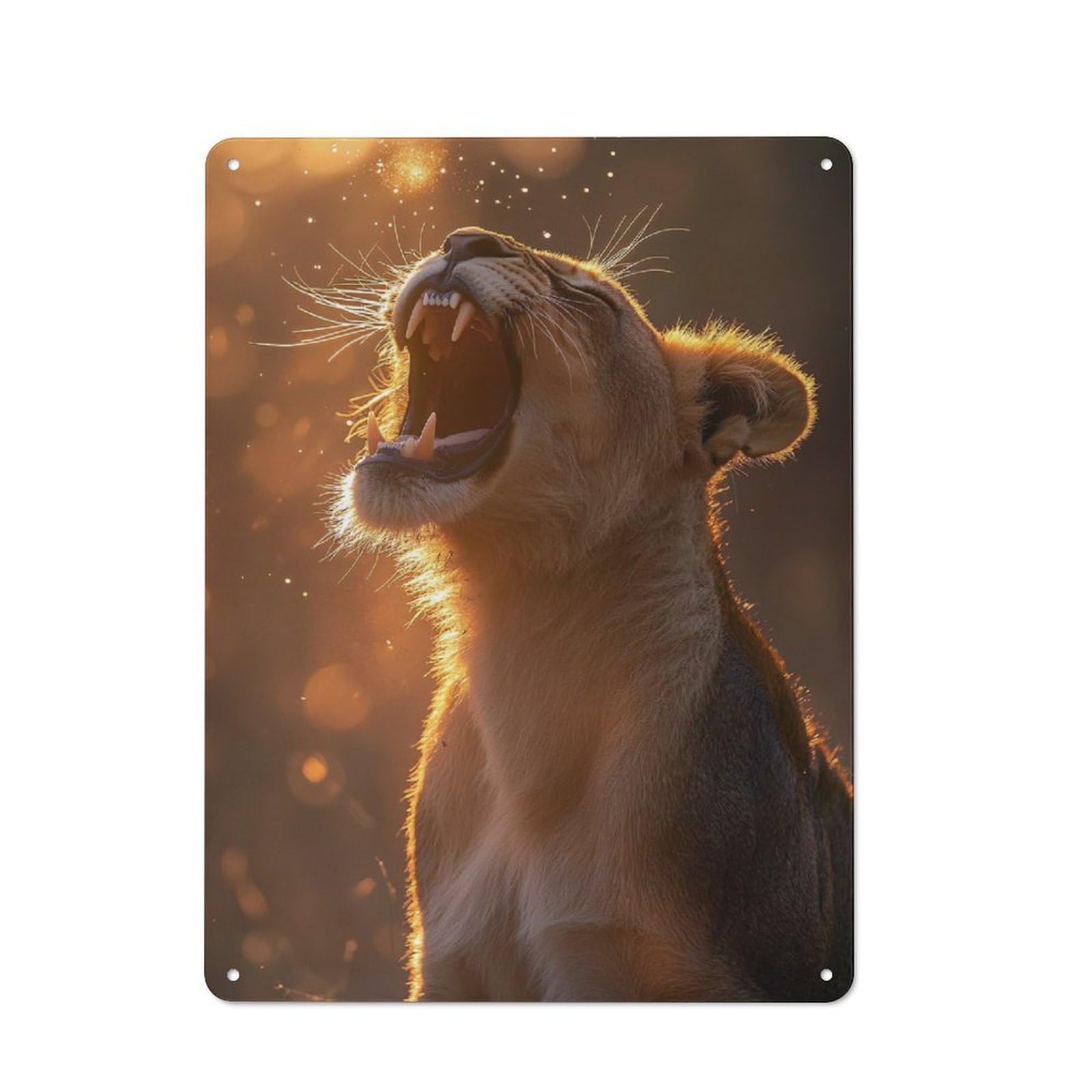 Junmoney Style-8 Tin Wall Plaque 40X30cm With Roaring Lioness In Golden Light For Workshop Wall, Housewarming Wall Decor For People Furnishing Workshop
