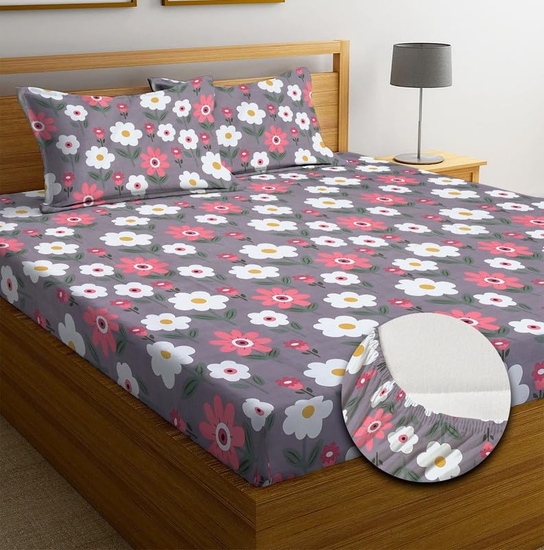 Image of NEW LEAF Premium Cotton Elastic Fitted Bedsheets with 2 King Size Pillow Covers | Double Bed with All Around Elastic 220 TC Supersoft |Size-72 King Sizex78+10 inches | Floral, Pink White