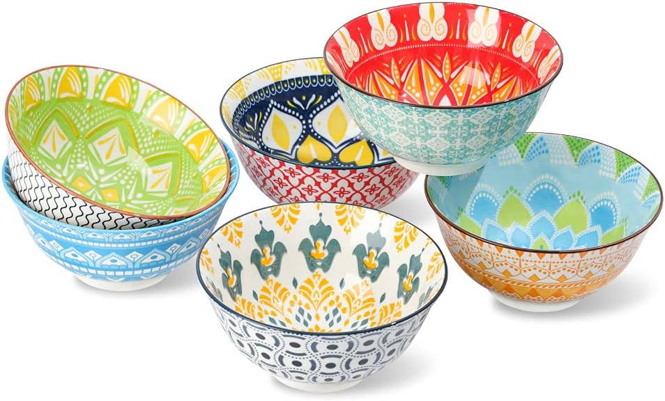 Cereal Bowls Porcelain 24 oz - Salad Soup Bowl Colorful 6.25" - Deep Bowls for Serving Ramen | Noodle | Pasta | Pho | Oatmeal - Microwave and Dishwasher Safe - Set of 6